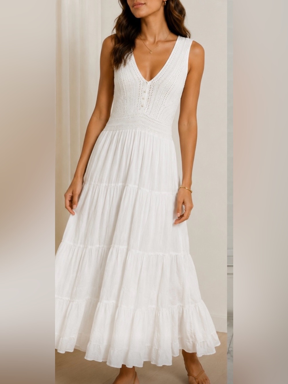 Ralph Lauren White V-Neck Tiered Maxi Dress